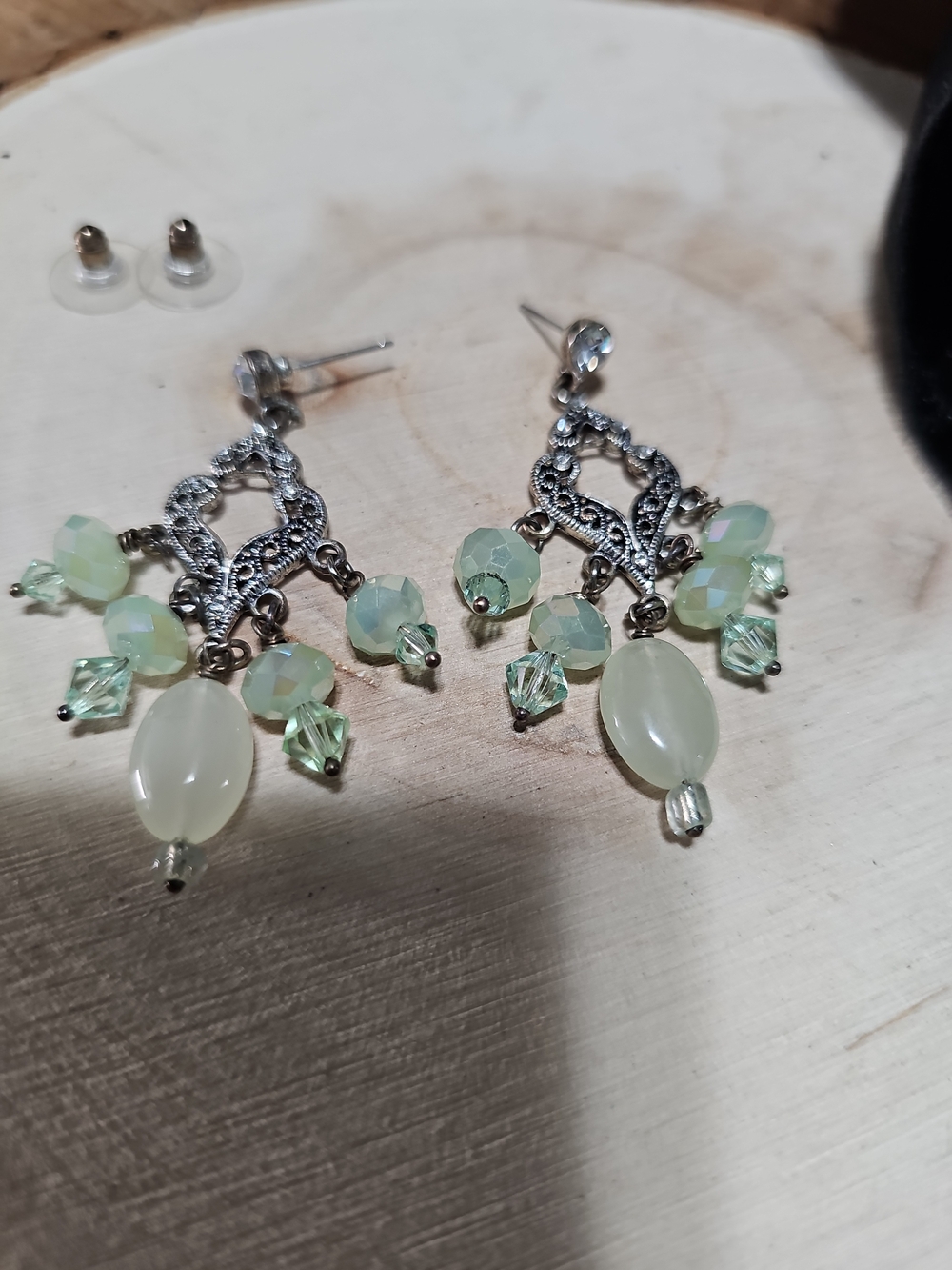 Light Green Beaded Filigree Drop Earrings Victorian